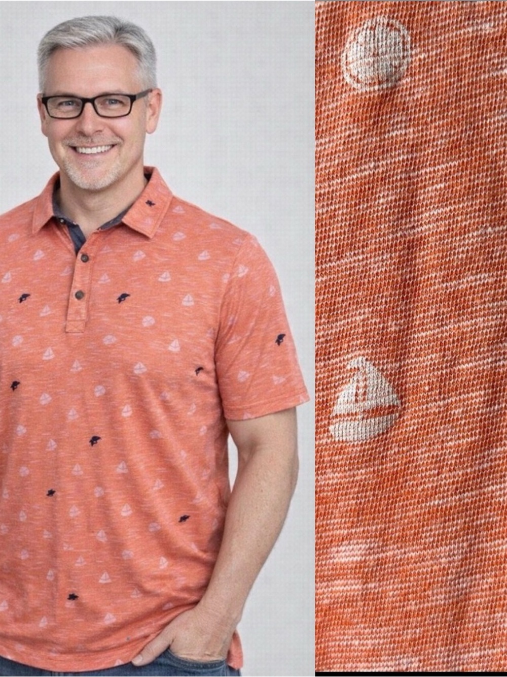 POINT ZERO Polo Shirt Sailboats Men's Size Large Nautical Peach Colour